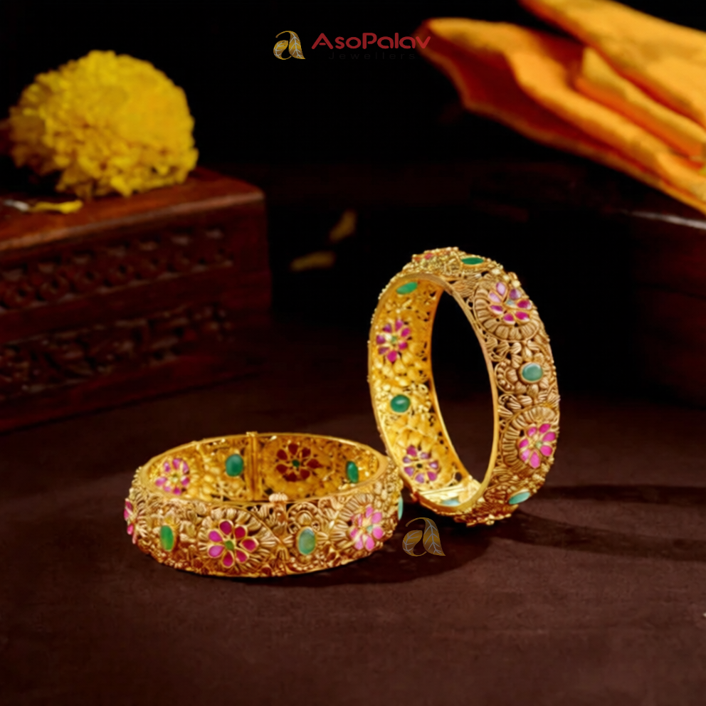 22K Designer Floral Gold Bangles with Multi Stones
